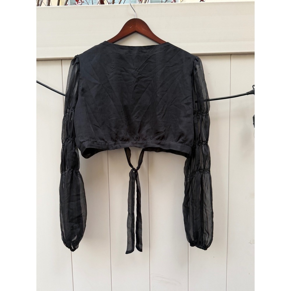 Nasty Gal Collection Black Sheer Tie Front Crop Top Puff Sleeve US 10 UK 14 - Picture 5 of 5